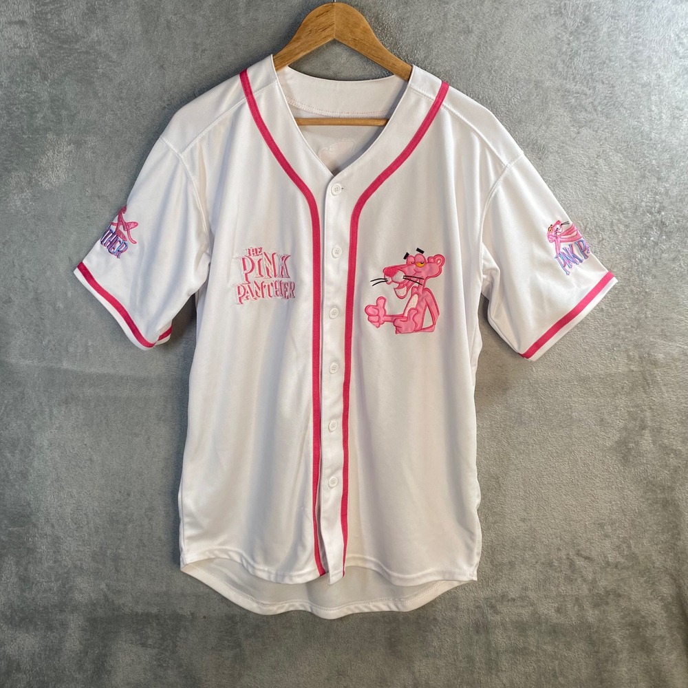 Pink Panther Baseball Jersey Unisex Medium White Pink Embroidered Button Up
